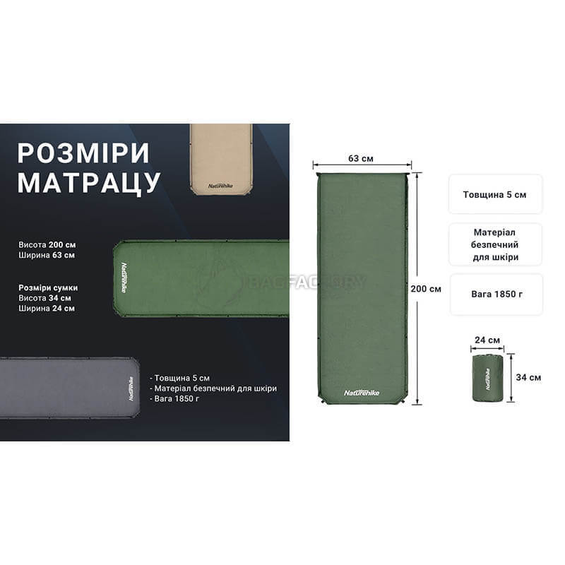 Туристичний килимок Naturehike NH20DZ003 50мм темно-зелений 200 см (6927595773680)
